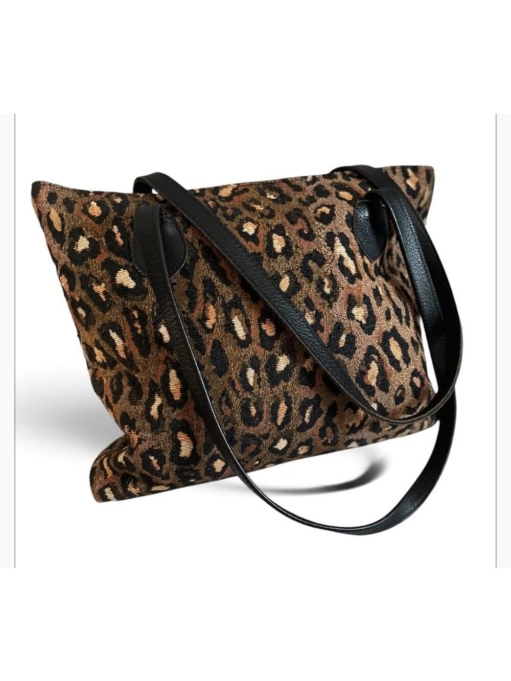 Vintage H RAVI Animal Tapestry Black Leather Straps Tote Handbag Purse